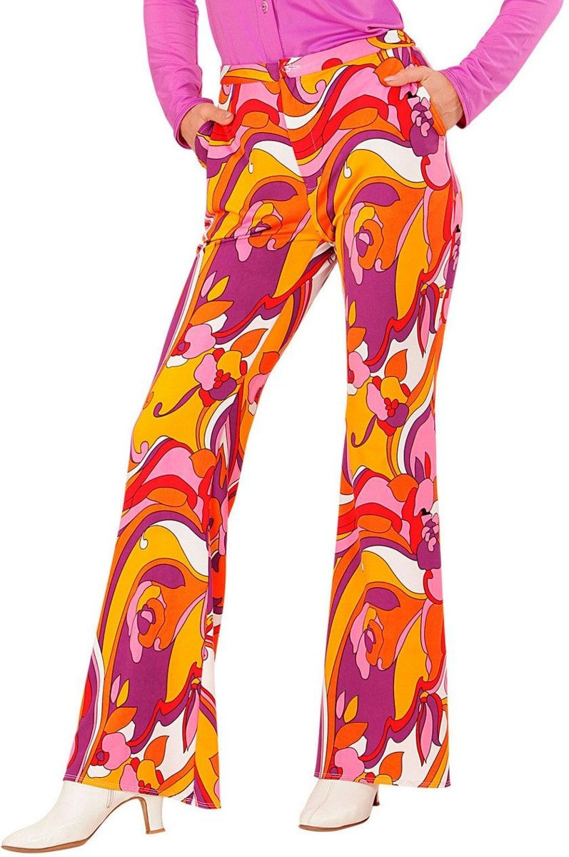 Hippie Kostuum | Groovy Gwendolyn 70s Dames Broek, Orchidee Vrouw | Large / XL | Carnaval kostuum | Verkleedkleding